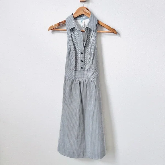 Anthropologie Maeve Dark Grey and White Striped Collared Shirt Dress 2 - Picture 2 of 7